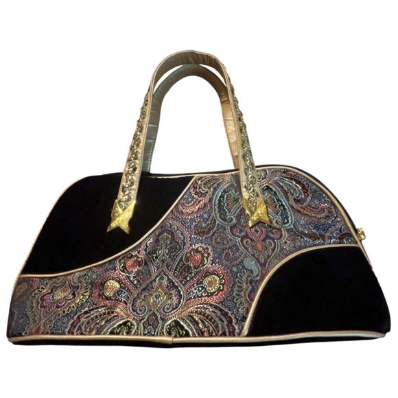 Yani Black Velvet & Gold Paisley Handbag With Decorative Straps & Elegant Detail - Picture 1 of 9